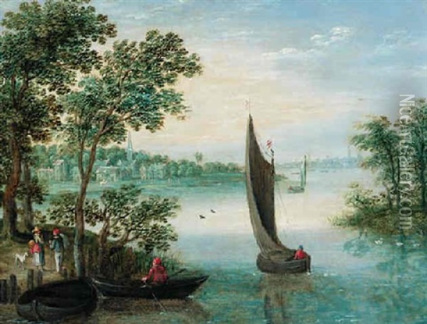 An Extensive River Landscape With Peasants At A Landing, A Town Beyond Oil Painting - Marten Ryckaert