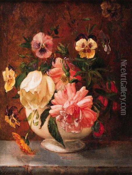 Roses And Pansies In White Vase Oil Painting - William Babcock