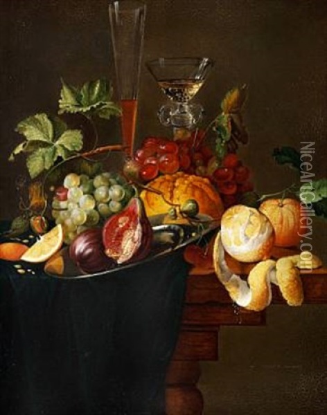 Still Life With Fruit, A Loaf Of Bread And Wine Glasses On A Table (after Henrich Schook) Oil Painting - Christine Marie Lovmand