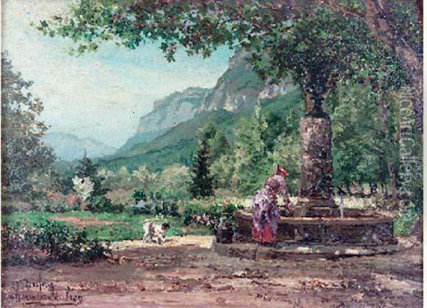 Elegante A La Fontaine Oil Painting - Ernest George Chauvier De Leon