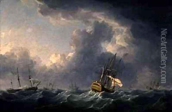 English Ships Running Before a Gale Oil Painting - Charles Brooking