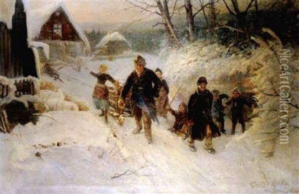 Winterspaziergang Am Abend Oil Painting - Gustav Loehr