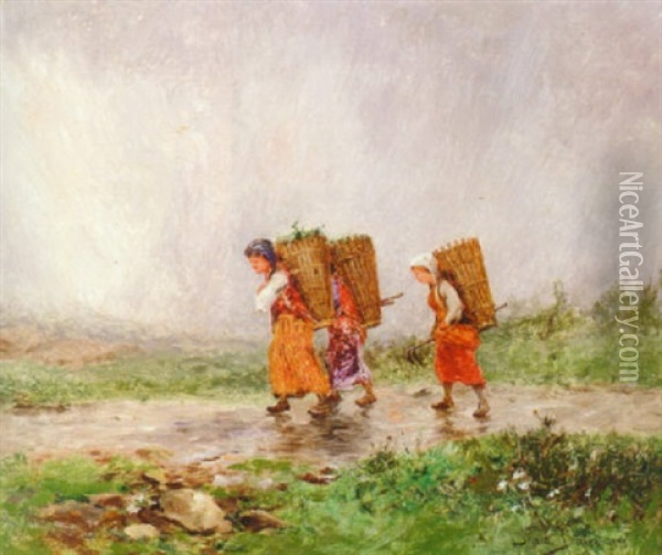 Returning From The Fields, Switzerland Oil Painting - David Bates