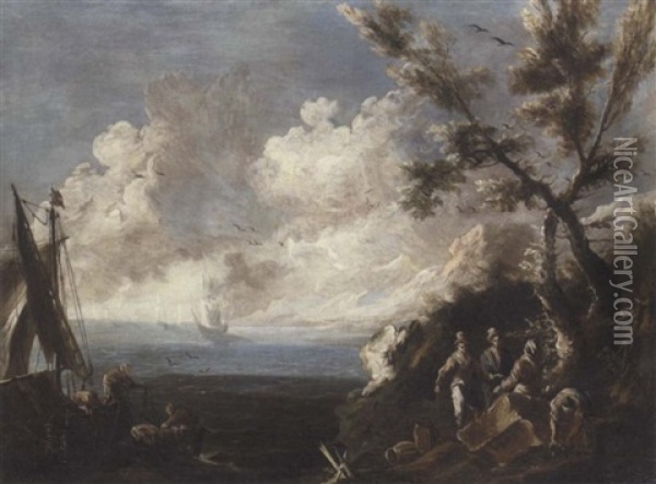 A Coastal Landscape With Fishermen And Other Figures Oil Painting - Alessandro Magnasco