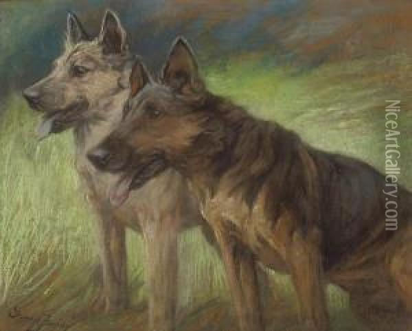 Two German Shepherds In A Field Oil Painting - Fannie Moody