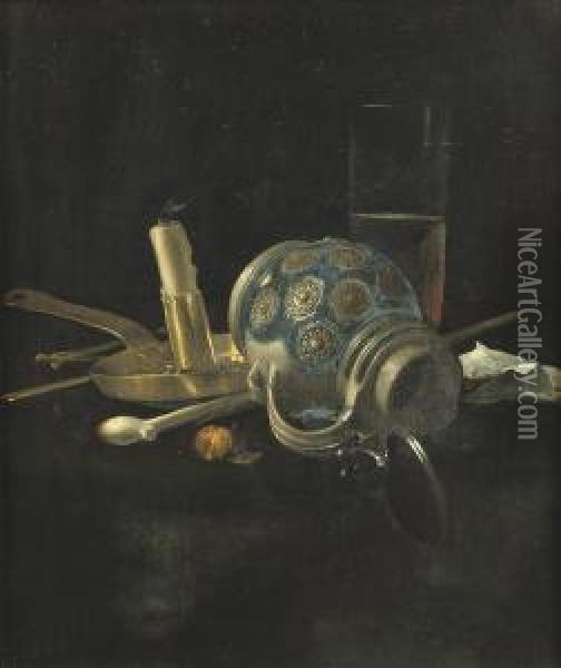 A Stoneware Jug, A Glass Of Beer, A Candlestick And A Pipe On Adraped Table Oil Painting - Cornelis van Lelienbergh