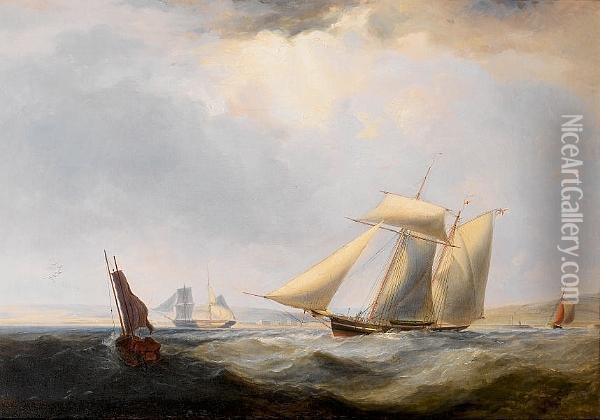 A Topsail Schooner Off Swansea, With A Small Trader Emerging From The Harbour Entrance Oil Painting - James Harris of Swansea