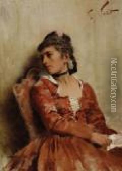 Young Woman In Red Oil Painting - Francesco Vinea