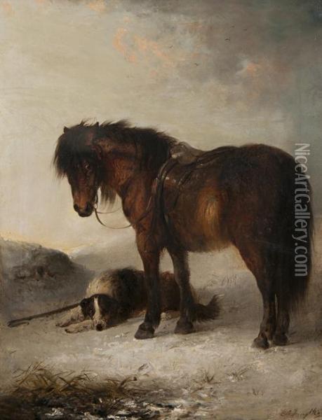 Bay Pony With Sheepdog And Crook In The Snow Oil Painting - Edward Robert Smythe