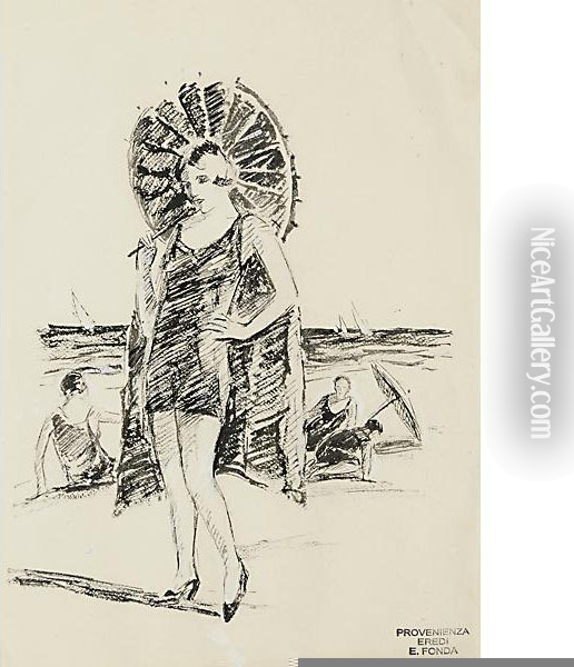 Ragazza Con L'ombrellino Oil Painting - Enrico Fonda