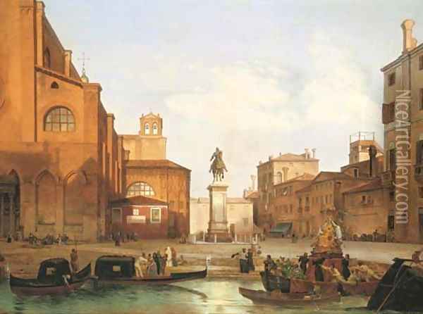 Venice preparations for a festival at the Campo di SS Giovanni e Paolo, looking north-east, with the equestrian monument to Bartolomeo Colleoni Oil Painting - Lancelot Theodore Turpin De Crisse
