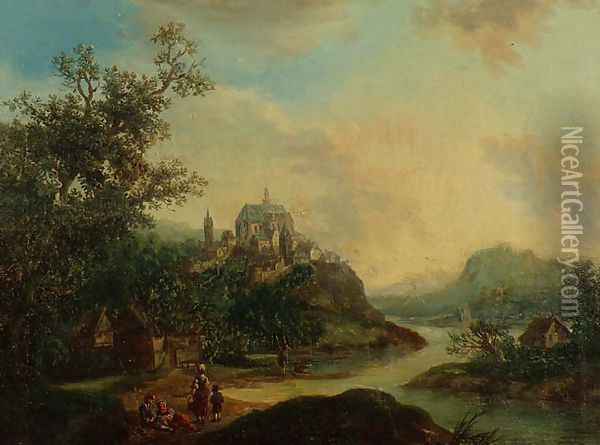 A Rhineland View with Figures in the foreground and a Fortified Town on a Hill Beyond Oil Painting - Christian Georg II Schutz or Schuz