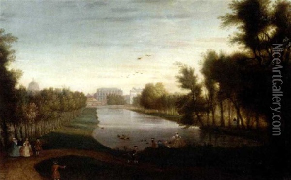 Figures Walking Beside A Lake, Possibly Rosamond's Pond In St James's Park Oil Painting - John Inigo Richards