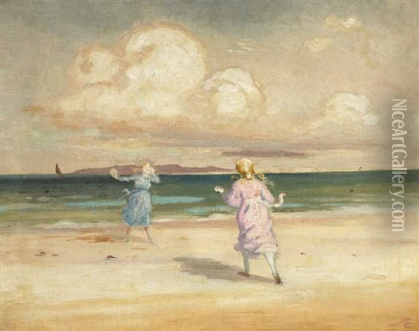 Two Girls Playing By The Seashore Oil Painting - George Russell