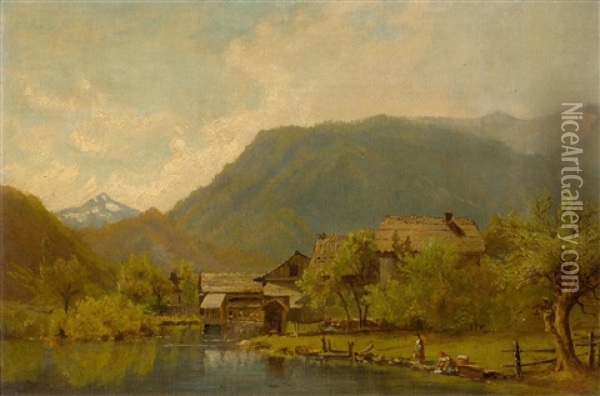 Washerwomen At Lake Brienz Oil Painting - Johann Gottfried Steffan