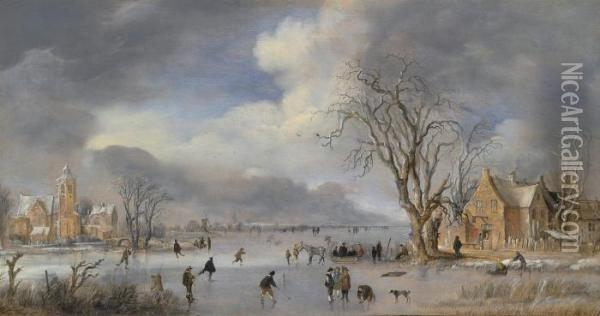 A Winter Landscape With Skaters And Kolf Players On A Frozen River Oil Painting - Aert van der Neer