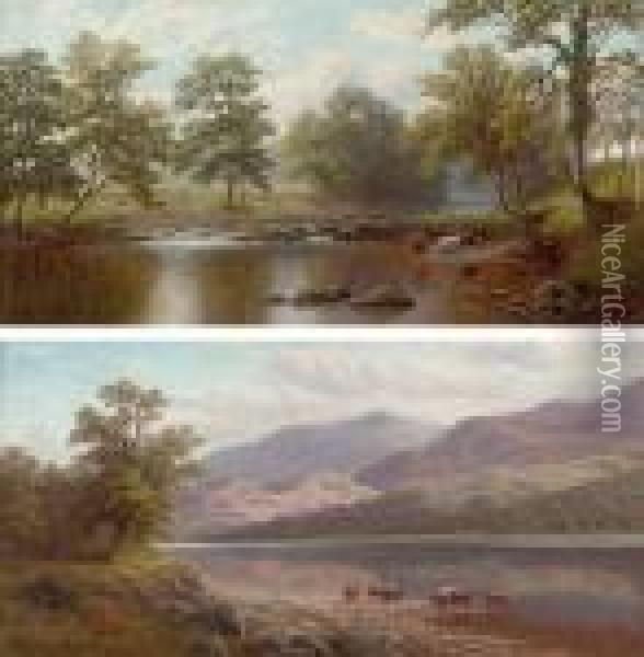 On The Wharfe Near Beamsley, Yorkshire; And Derwent Water, Cumberland Oil Painting - William Mellor