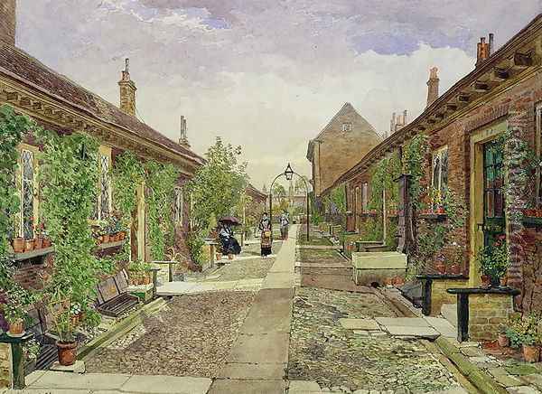 Skinners' Alms Houses, Mile End Road, Stepney, 1883 Oil Painting - John Crowther