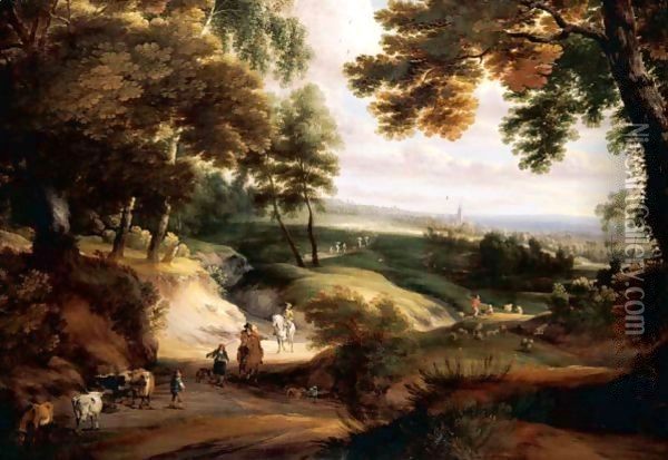 A Wooded Landscape With Huntsmen, Drovers And Cattle On A Track In The Foreground, A Church In The Distance Oil Painting - Jaques D'Arthois