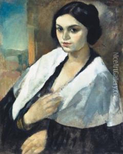 Girl With White Scarf Oil Painting - Endre Vadasz