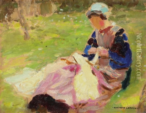 La Brodeuse Oil Painting - Auguste Leroux
