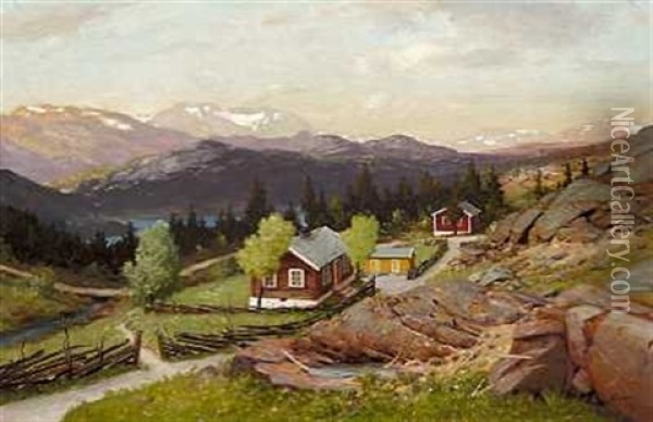 Parti Fra En Norsk Bygd. I Baggrunden Sneklaedte Fjelde Oil Painting - Andreas Edvard Disen