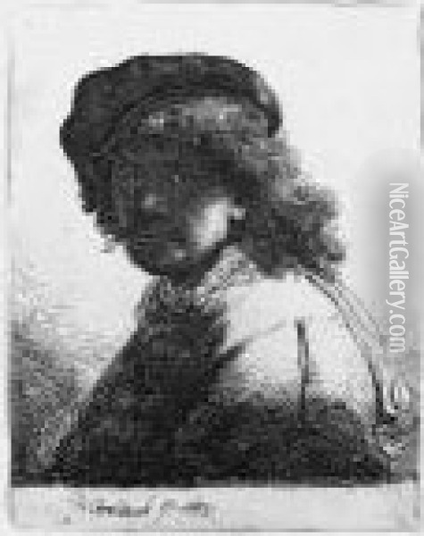 Self Portrait In A Cap And Scarf With The Face Dark Oil Painting - Rembrandt Van Rijn