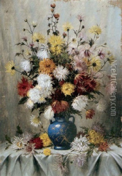 A Still Life With Flowers In A Blue Vase Oil Painting - Gottfried Schultz