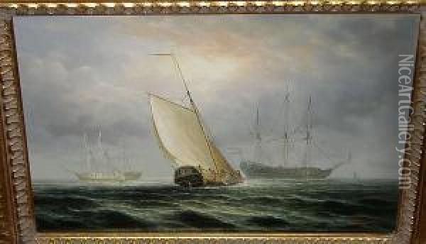 A Dutch Fishing Vessel And Two Dutch Naval Ships, Signed 'janes Hardy' Oil Painting - James Hardy