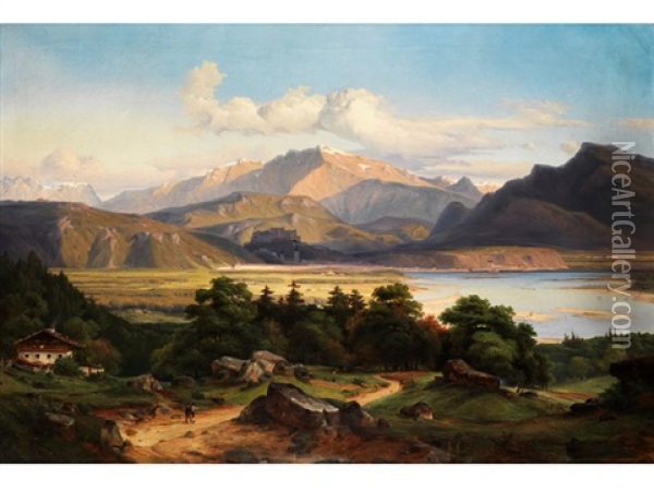 Grose Landschaft Am Inn Oil Painting - Georg Heinrich Crola