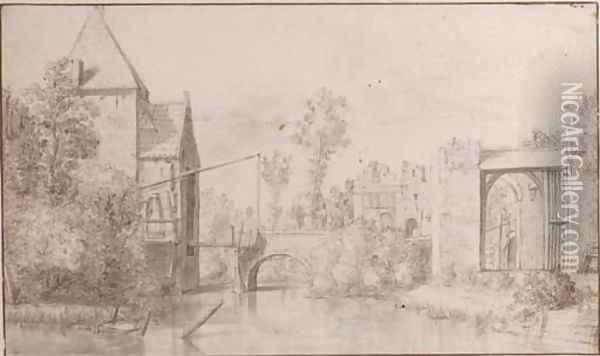 View of a fortified drawbridge by a canal, a gateway leading to elegant buildings to the right Oil Painting - Dutch School