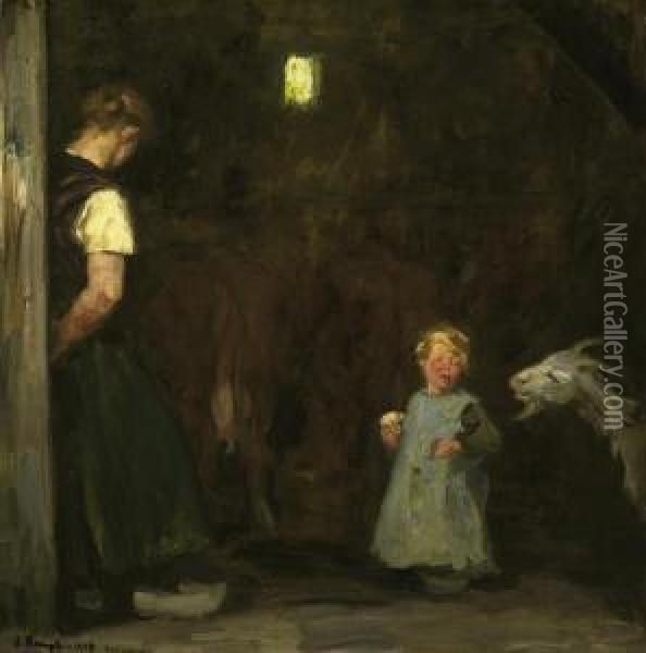 In The Stable Oil Painting - Arthur Kampf