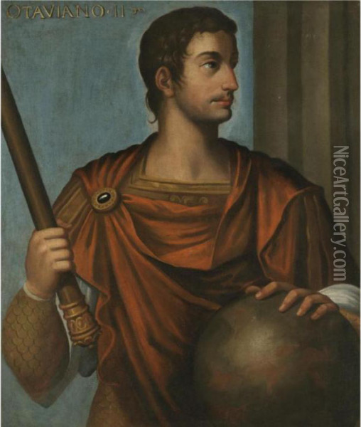 Portrait Of The Emperor 
Augustus, Half Length, Holding A Baton And Resting His Hand On A Globe Oil Painting - Bernardino Campi