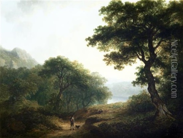 Extensive Wooded Landscape With A Distant View Of A Lake And A Man And Dog In The Foreground Oil Painting - James Arthur O'Connor