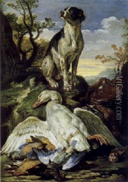 Erlegtes Federwild Von Einem Jagdhund Bewacht Oil Painting - David de Coninck