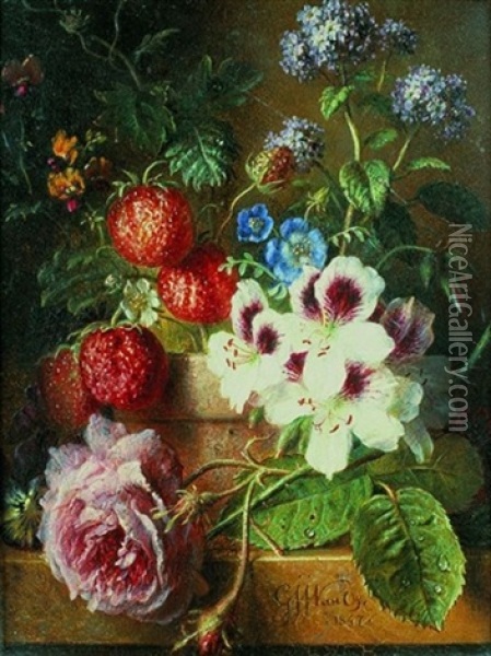 Nature Morte De Fleurs Et De Fraises Sur Un Entablement De Marbre Oil Painting - Georgius Jacobus Johannes van Os