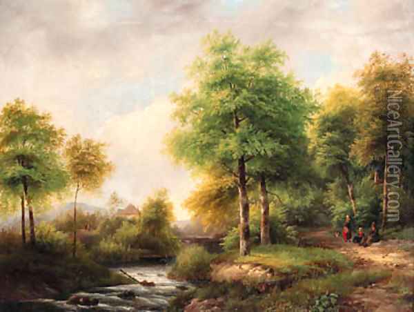 A summer landscape with peasants resting in a forest by a stream Oil Painting - George Pieter Westenberg