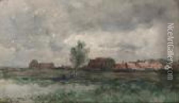 A Village In The Polder Lit By A Sunlight On A Grey Day Oil Painting - Willem Roelofs