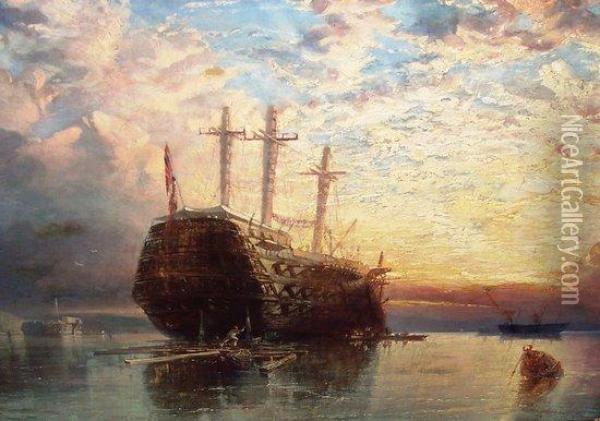 Royal Navy Hulks At Sunset Oil Painting - Henry Thomas Dawson
