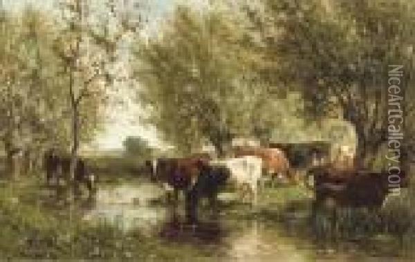 Cattle By A Wooded Pond Oil Painting - Willem Roelofs