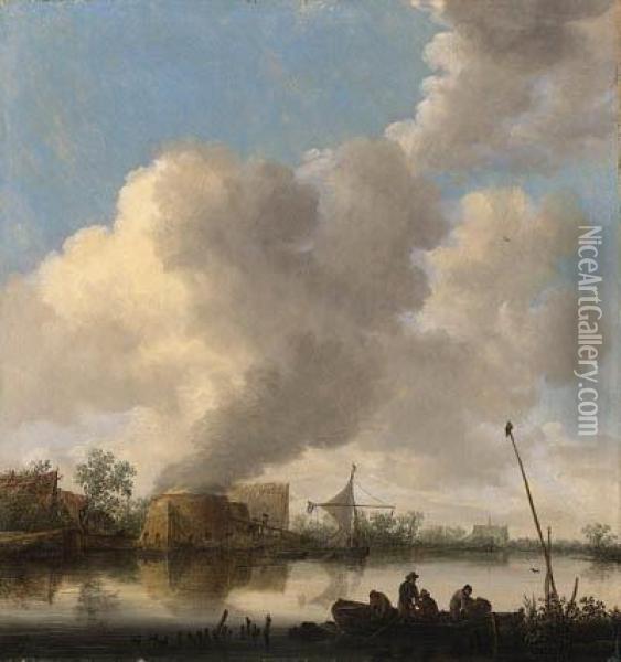 A River Landscape With Fishermen
 In A Rowing Boat, A Lime Kilm,farmhouses And A Church Beyond Oil Painting - Jan van Goyen