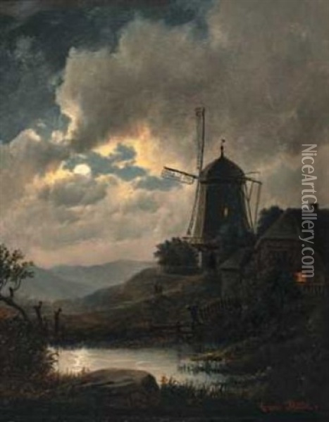 Landskap Med Vindmolle Oil Painting - Carl Ludwig Bille