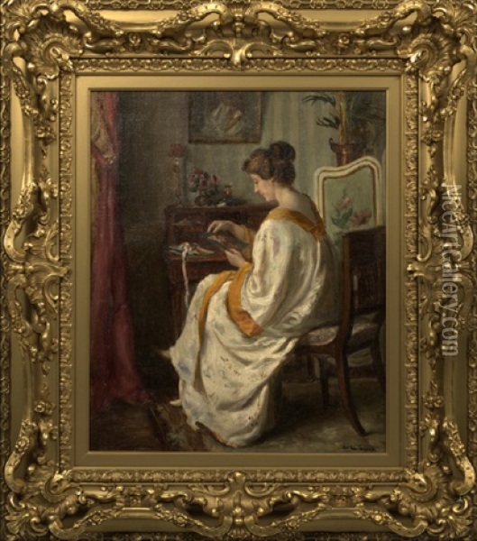 An Interior With A Lady Seated At Her Desk Oil Painting - Alfred Victor Fournier