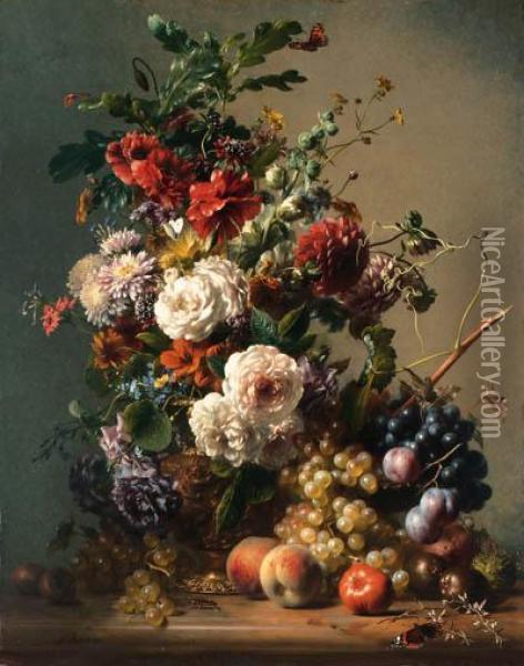 Dahlias, Nasturtiums, Bourbon 
Roses, Poppies, Astras And Buttercupsin A Copper Ewer With Plums, Grapes
 And Peaches On A Marbleledge Oil Painting - Hendrik Reekers