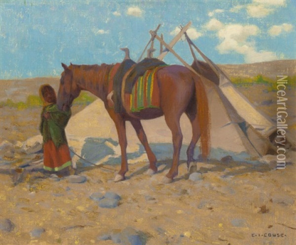 Umatilla Wickiup With Waiting Pony Oil Painting - Eanger Irving Couse