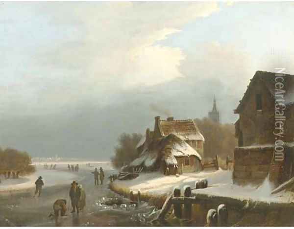 On the ice by a Dutch village Oil Painting - Dutch School