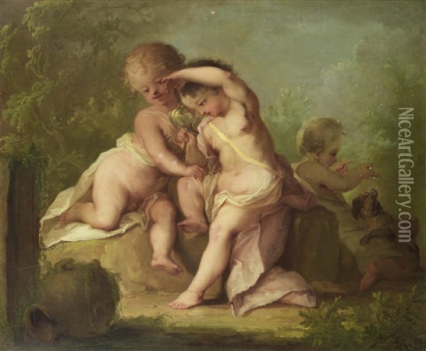 Putti Playing With A Bird And A Dog Oil Painting - Johann Heinrich Keller