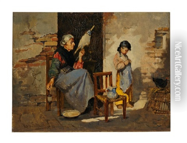 Italienische Grosmutter Am Spinnrocken, Daneben Die Enkeltochter Oil Painting - Robert Schielin