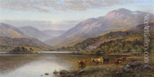 Loch Scene With Cattle Watering Oil Painting - Alfred Augustus Glendening