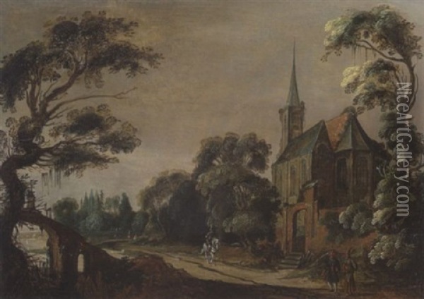 Landschaft Mit Gotischer Kirche Und Figurenstaffage Oil Painting - Jan van de Velde II